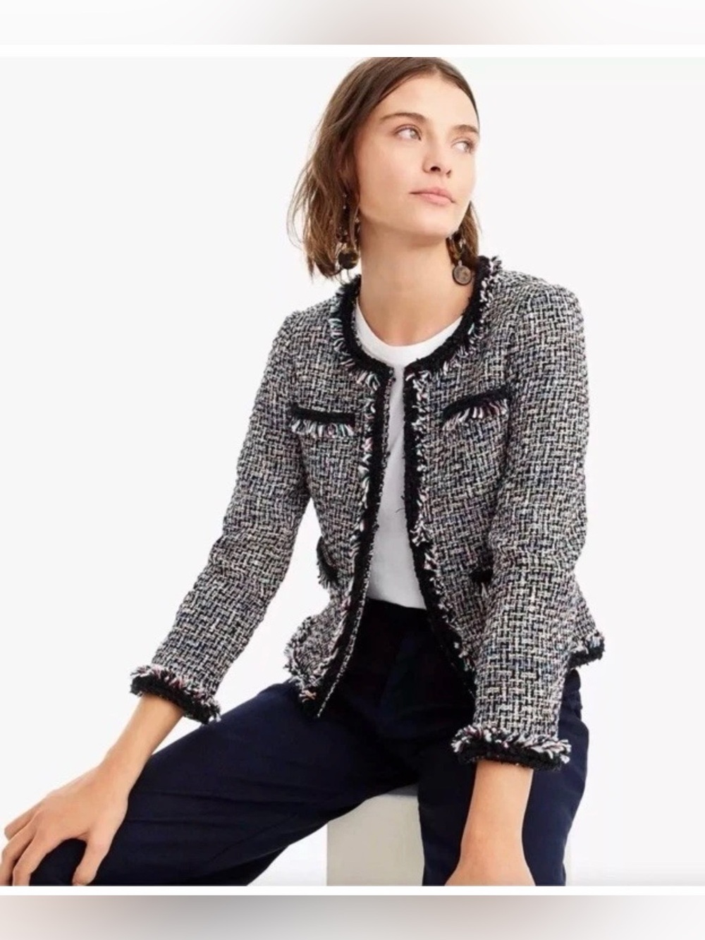NWT J. Crew Lady Metallic Tweed in Black Rainbow Multi Fringe Jacket Size 10P